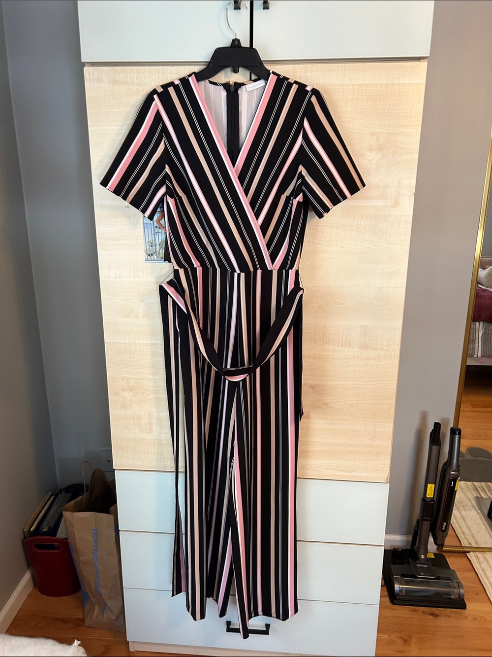 Black Striped Wrap Jumpsuit with Pink & Cream Accents